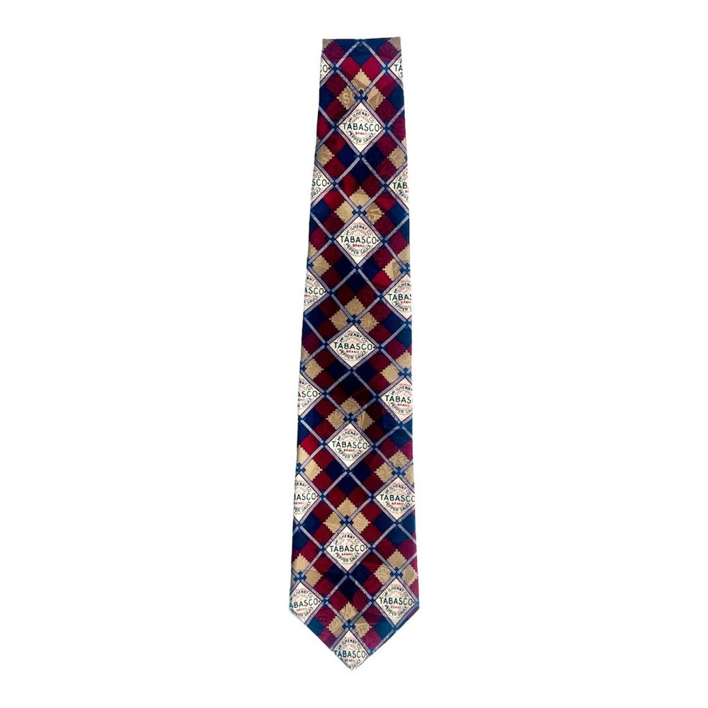 Tabasco Necktie Silk Gray Red White Blue Checkered Logo Print